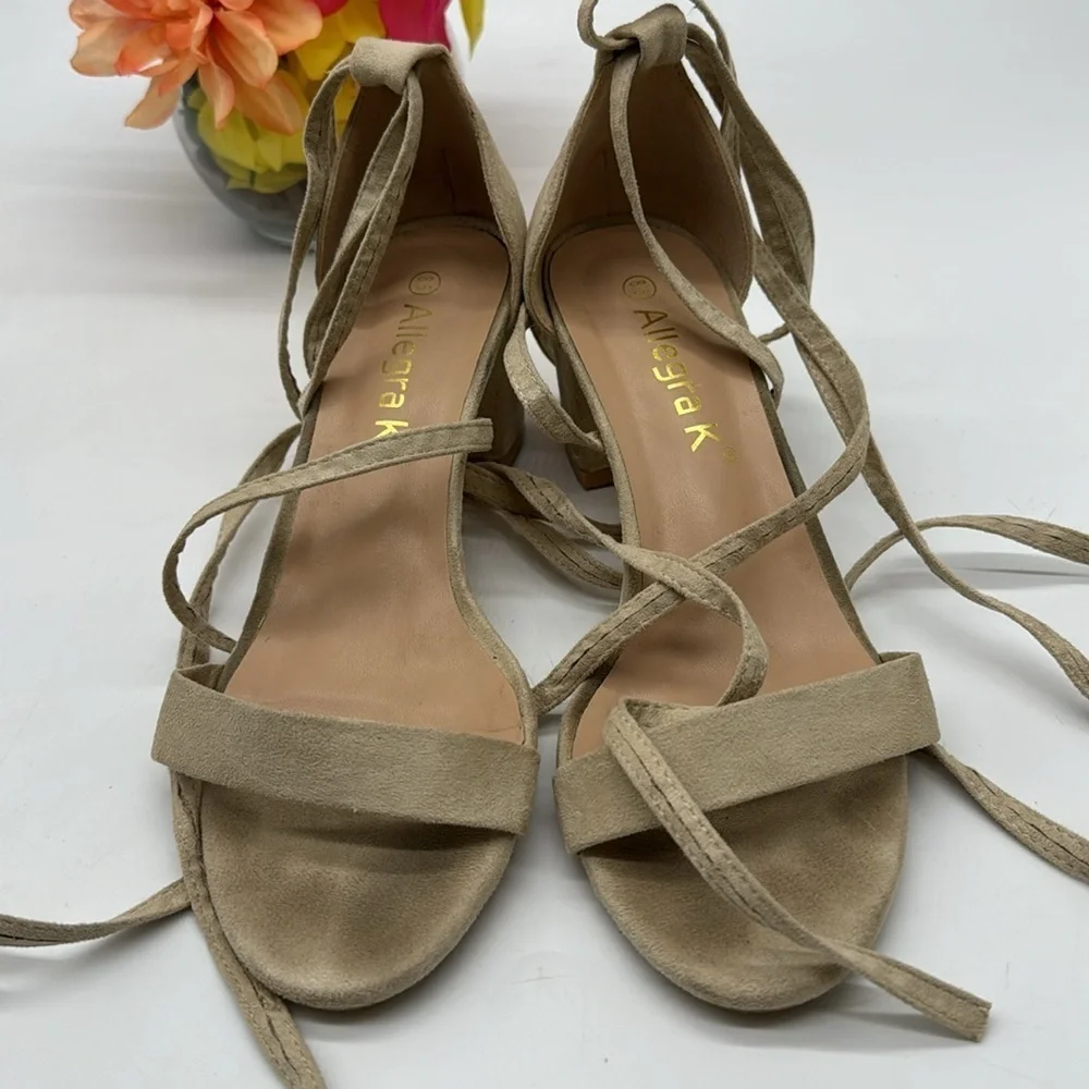 Allegra K Tan Lace Up Block Heel Sandals Size 8.5 ALE6759